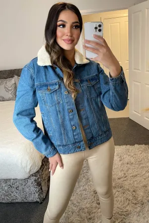 Poppy Blue Faux Fur Collar Denim Jacket