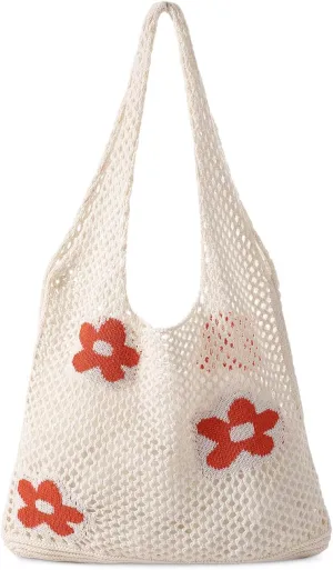 Premillow Crochet Beach Tote Bags, Stylish Mesh Beach Bags Shoulder Bag for Women, Cute Summer Vacation Boho Tote Bag