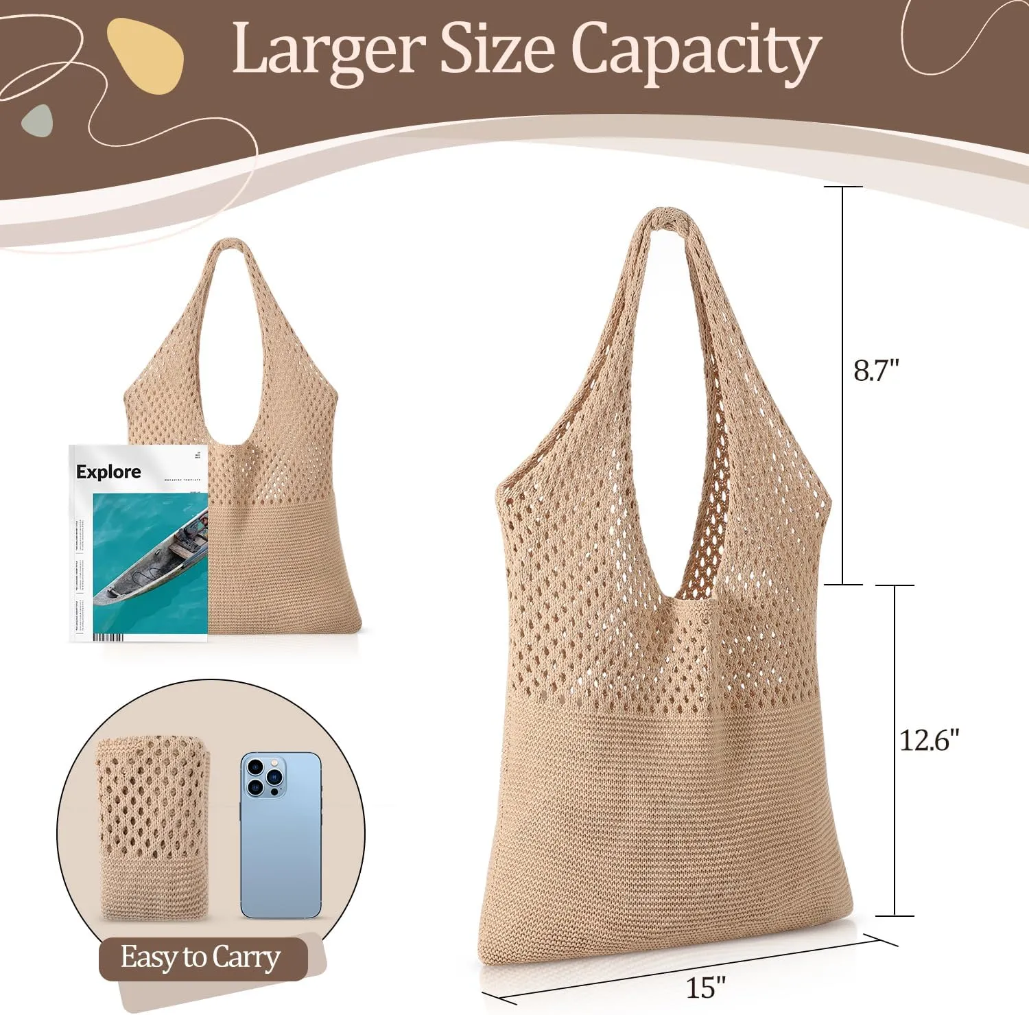 Premillow Crochet Beach Tote Bags, Stylish Mesh Beach Bags Shoulder Bag for Women, Cute Summer Vacation Boho Tote Bag