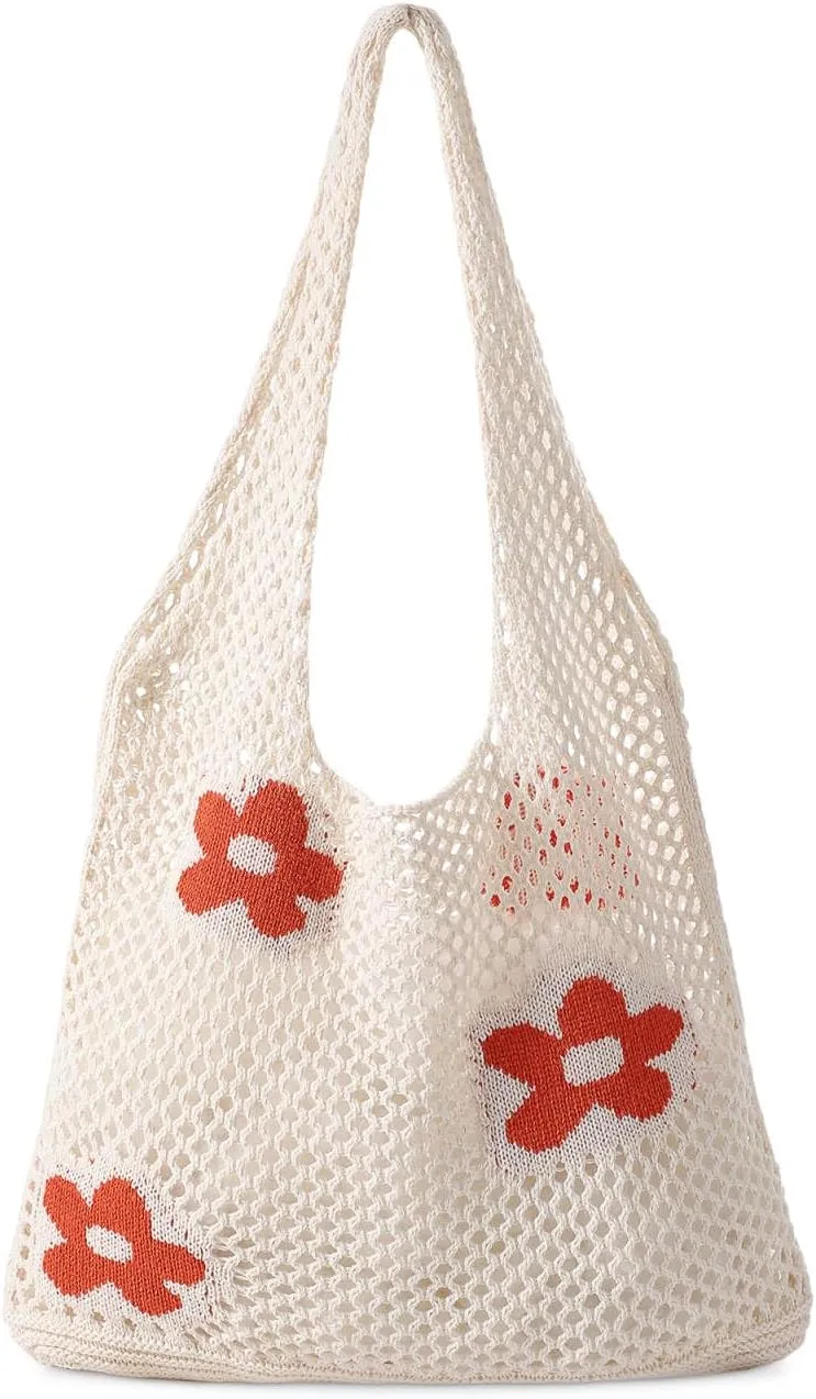 Premillow Crochet Beach Tote Bags, Stylish Mesh Beach Bags Shoulder Bag for Women, Cute Summer Vacation Boho Tote Bag