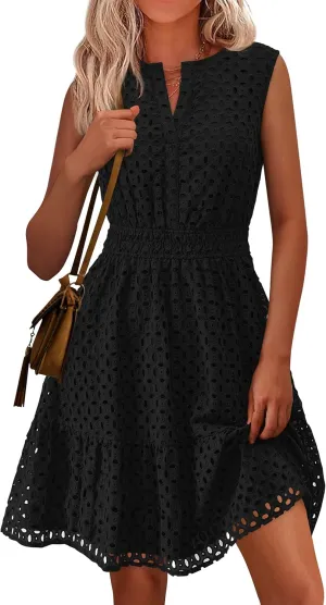 PRETTYGARDEN Women's Summer Dresses 2025 Sleeveless V Neck Eyelet Hollow Out Swing A Line Beach Vacation Sun Dress