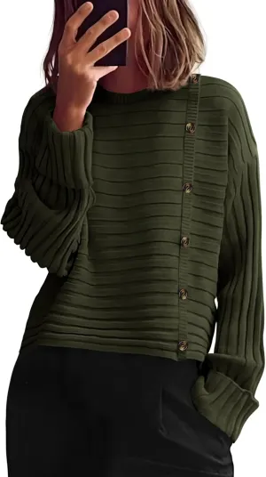 PRETTYGARDEN Womens Sweaters Fall 2025 Casual Long Sleeve Crewneck Button Loose Winter Knit Pullover Sweater Tops