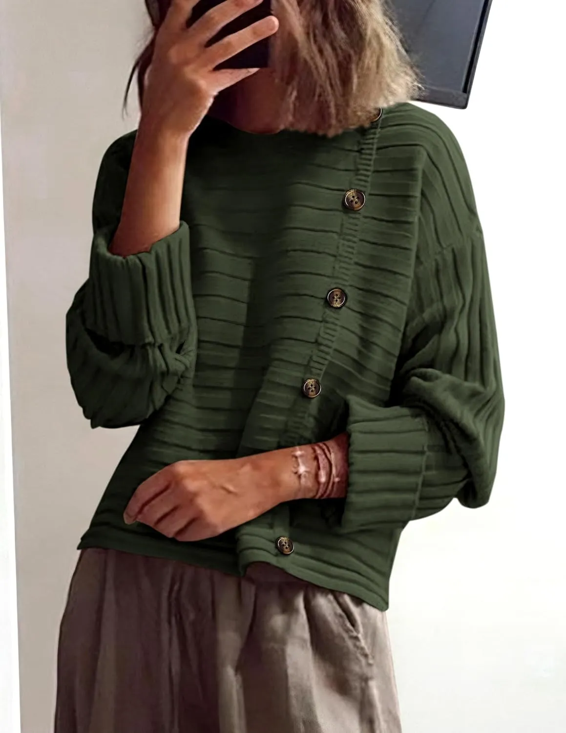 PRETTYGARDEN Womens Sweaters Fall 2025 Casual Long Sleeve Crewneck Button Loose Winter Knit Pullover Sweater Tops