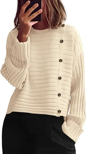 PRETTYGARDEN Womens Sweaters Fall 2025 Casual Long Sleeve Crewneck Button Loose Winter Knit Pullover Sweater Tops