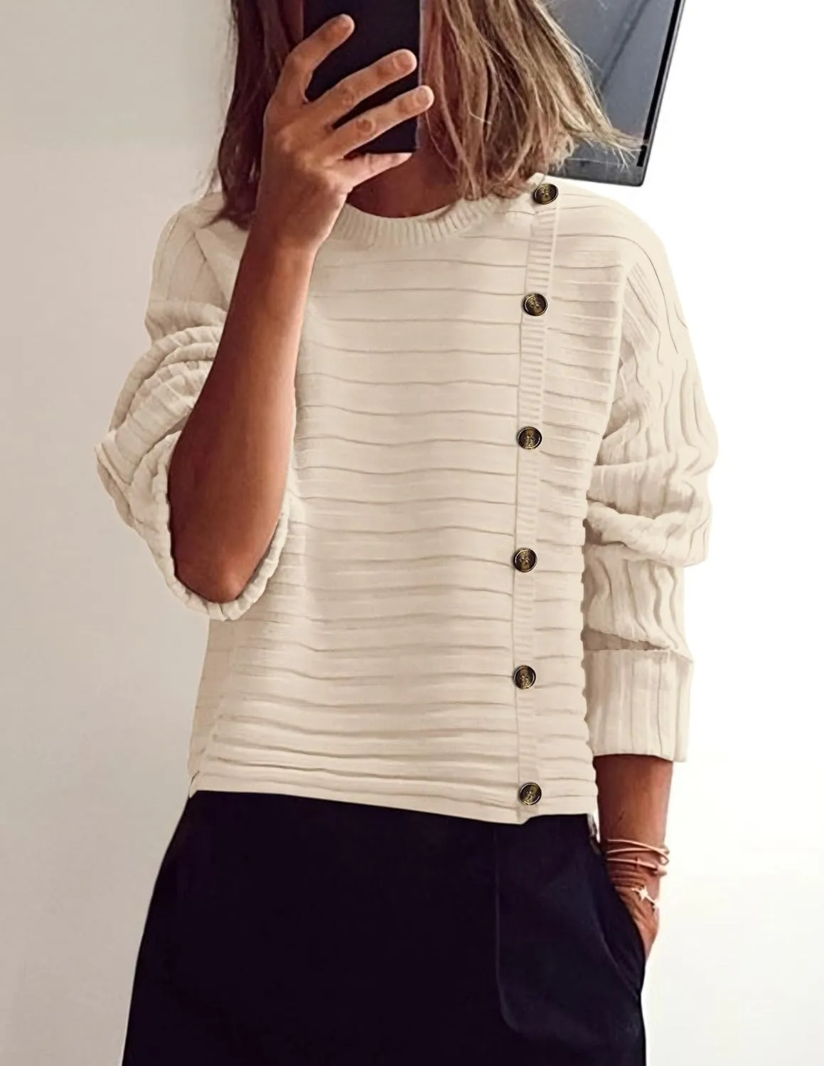 PRETTYGARDEN Womens Sweaters Fall 2025 Casual Long Sleeve Crewneck Button Loose Winter Knit Pullover Sweater Tops