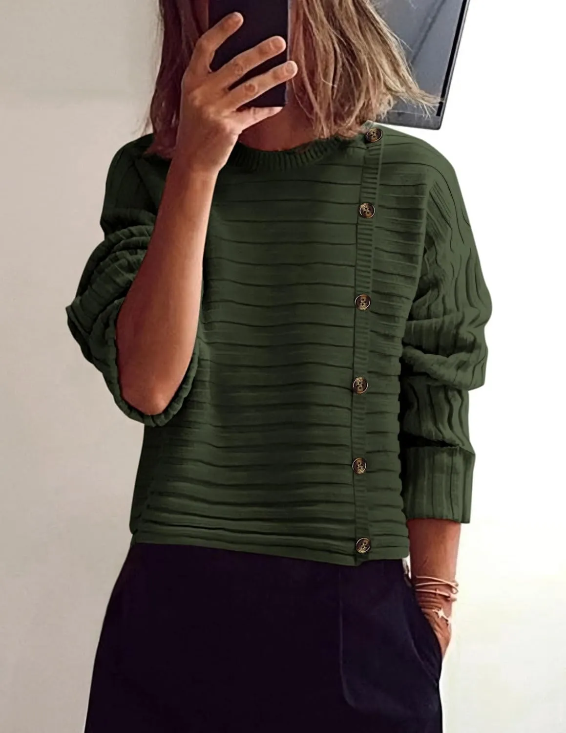 PRETTYGARDEN Womens Sweaters Fall 2025 Casual Long Sleeve Crewneck Button Loose Winter Knit Pullover Sweater Tops