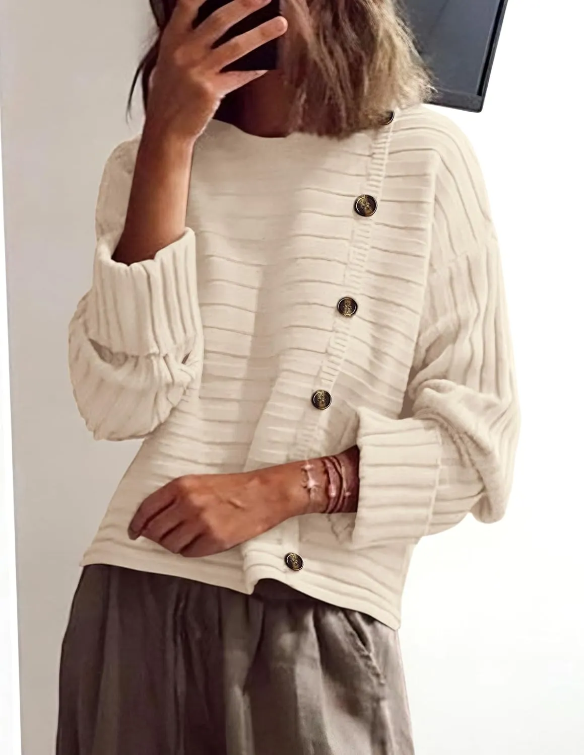 PRETTYGARDEN Womens Sweaters Fall 2025 Casual Long Sleeve Crewneck Button Loose Winter Knit Pullover Sweater Tops
