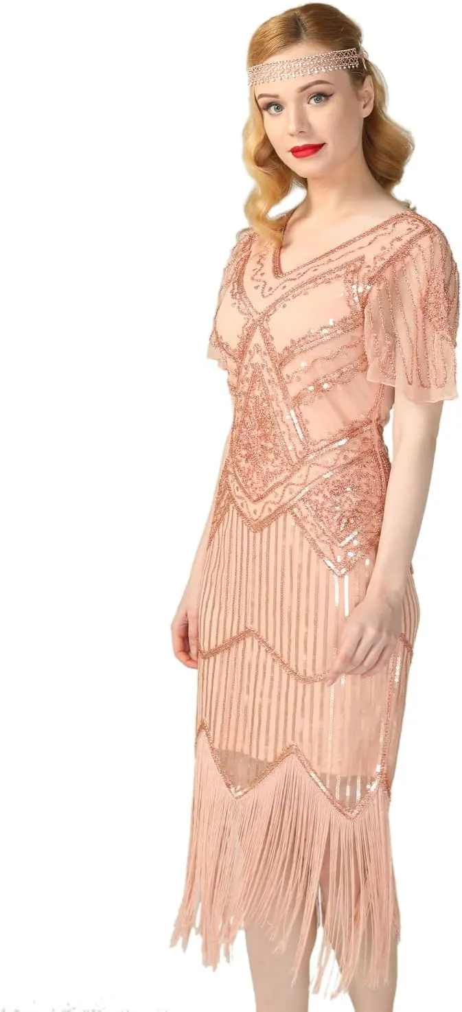 PrettyGuide Women's 1920s Flapper Dress Short Sleeve Glitter Sequin Inspired Fringed Party Cocktail Dresses
