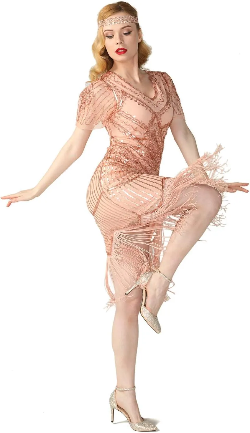 PrettyGuide Women's 1920s Flapper Dress Short Sleeve Glitter Sequin Inspired Fringed Party Cocktail Dresses