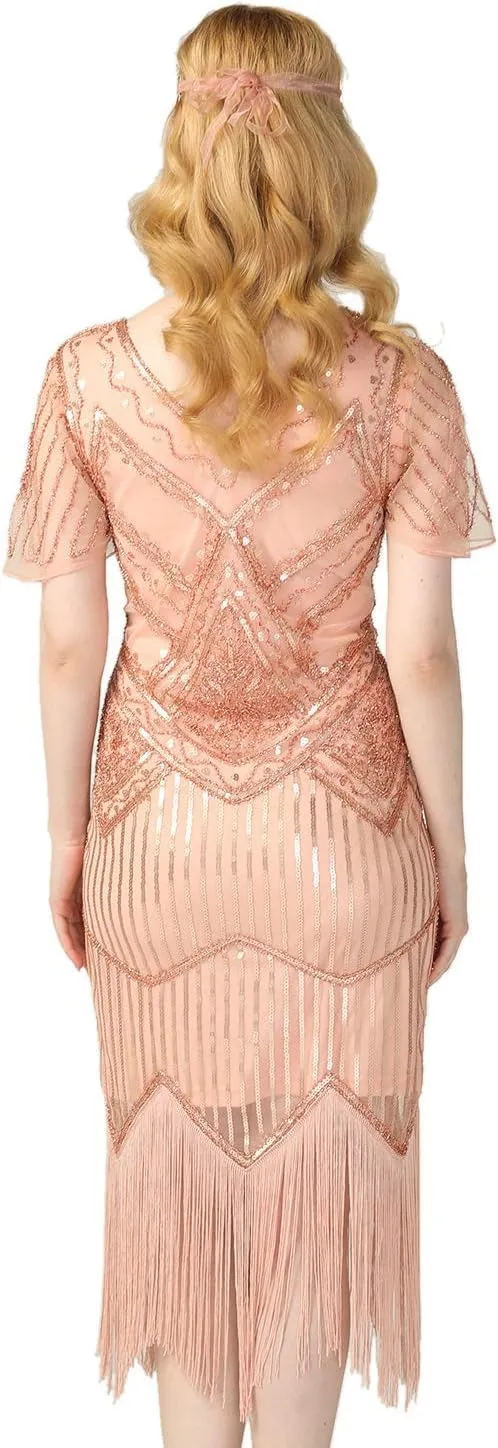 PrettyGuide Women's 1920s Flapper Dress Short Sleeve Glitter Sequin Inspired Fringed Party Cocktail Dresses
