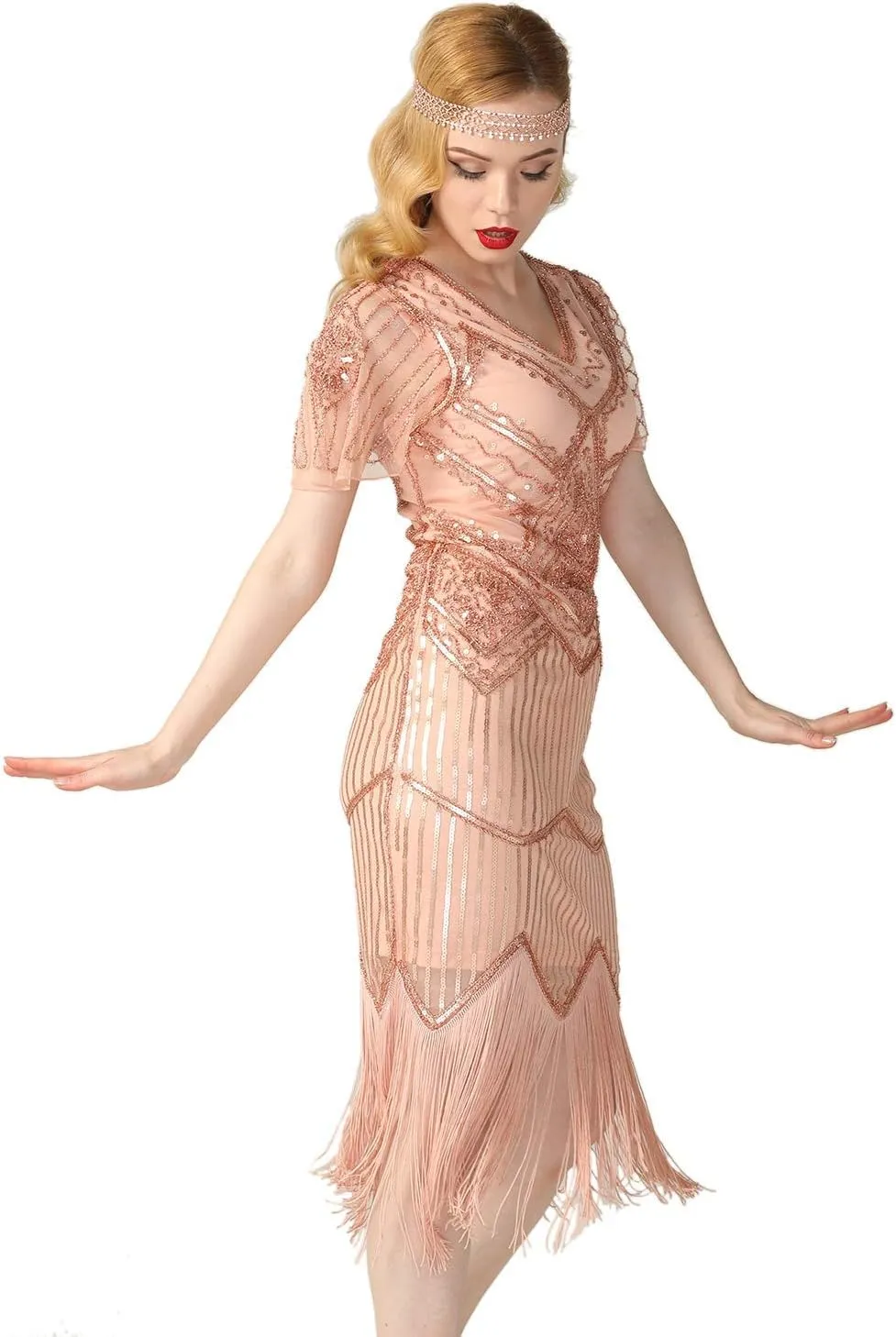 PrettyGuide Women's 1920s Flapper Dress Short Sleeve Glitter Sequin Inspired Fringed Party Cocktail Dresses