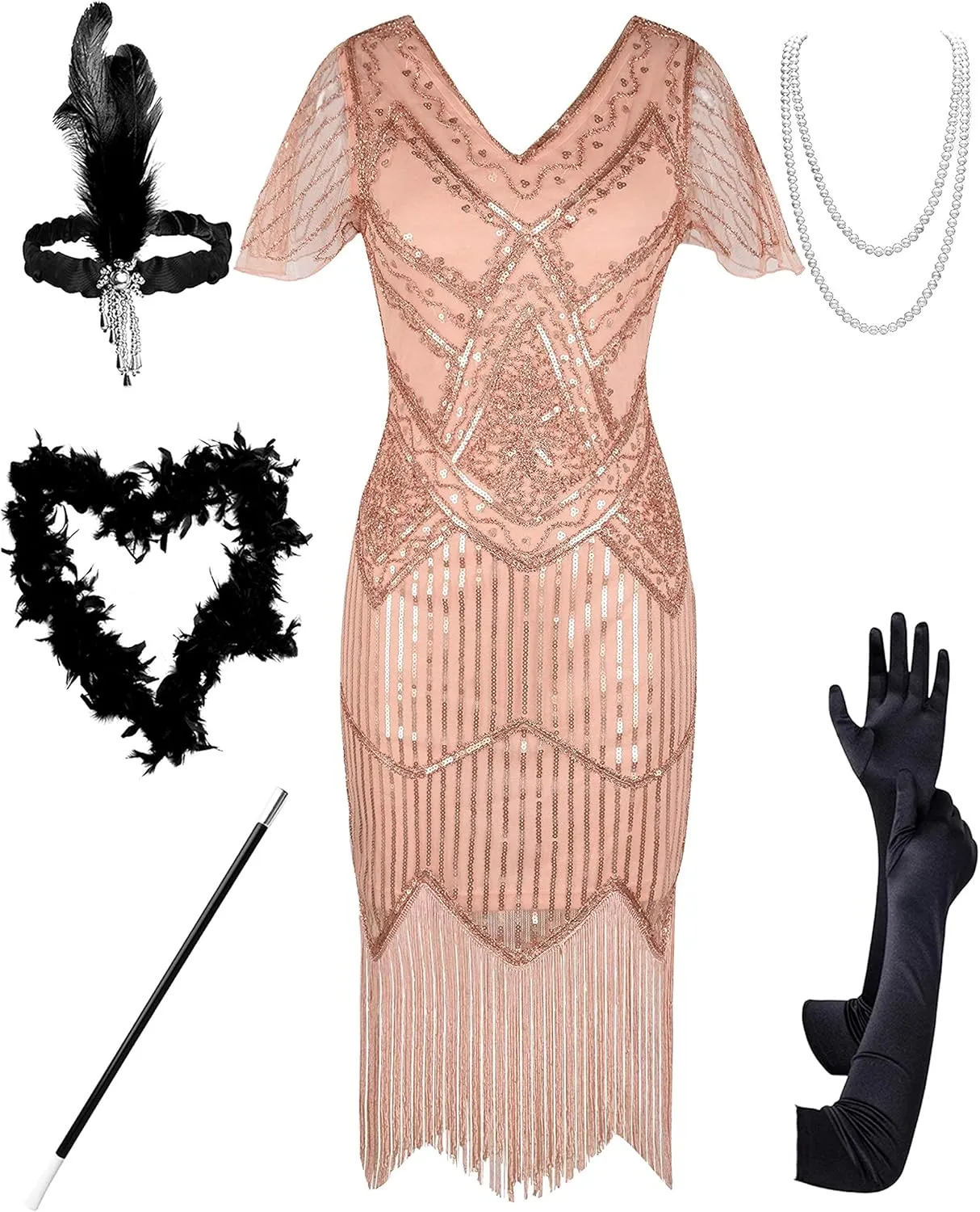 PrettyGuide Women's 1920s Flapper Dress Short Sleeve Glitter Sequin Inspired Fringed Party Cocktail Dresses