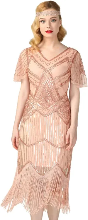 PrettyGuide Women's 1920s Flapper Dress Short Sleeve Glitter Sequin Inspired Fringed Party Cocktail Dresses
