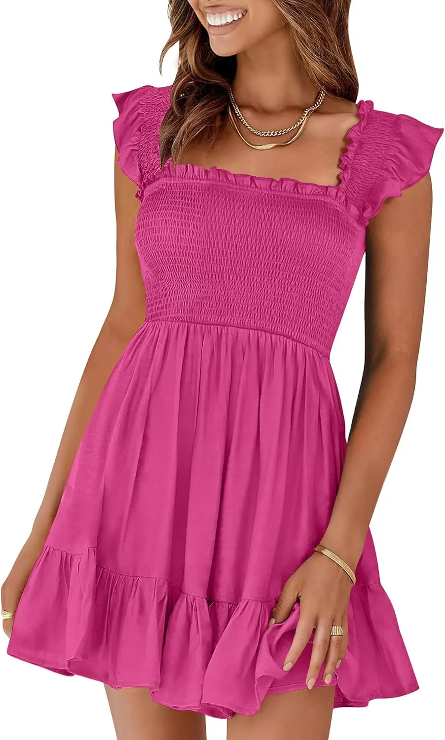 Prinbara Womens Summer Casual Square Neck Smocked Short Sundress 2025 Spring Beach Vacation Flowy Cute Teen Boho Dresses