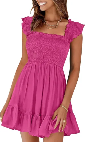 Prinbara Womens Summer Casual Square Neck Smocked Short Sundress 2025 Spring Beach Vacation Flowy Cute Teen Boho Dresses