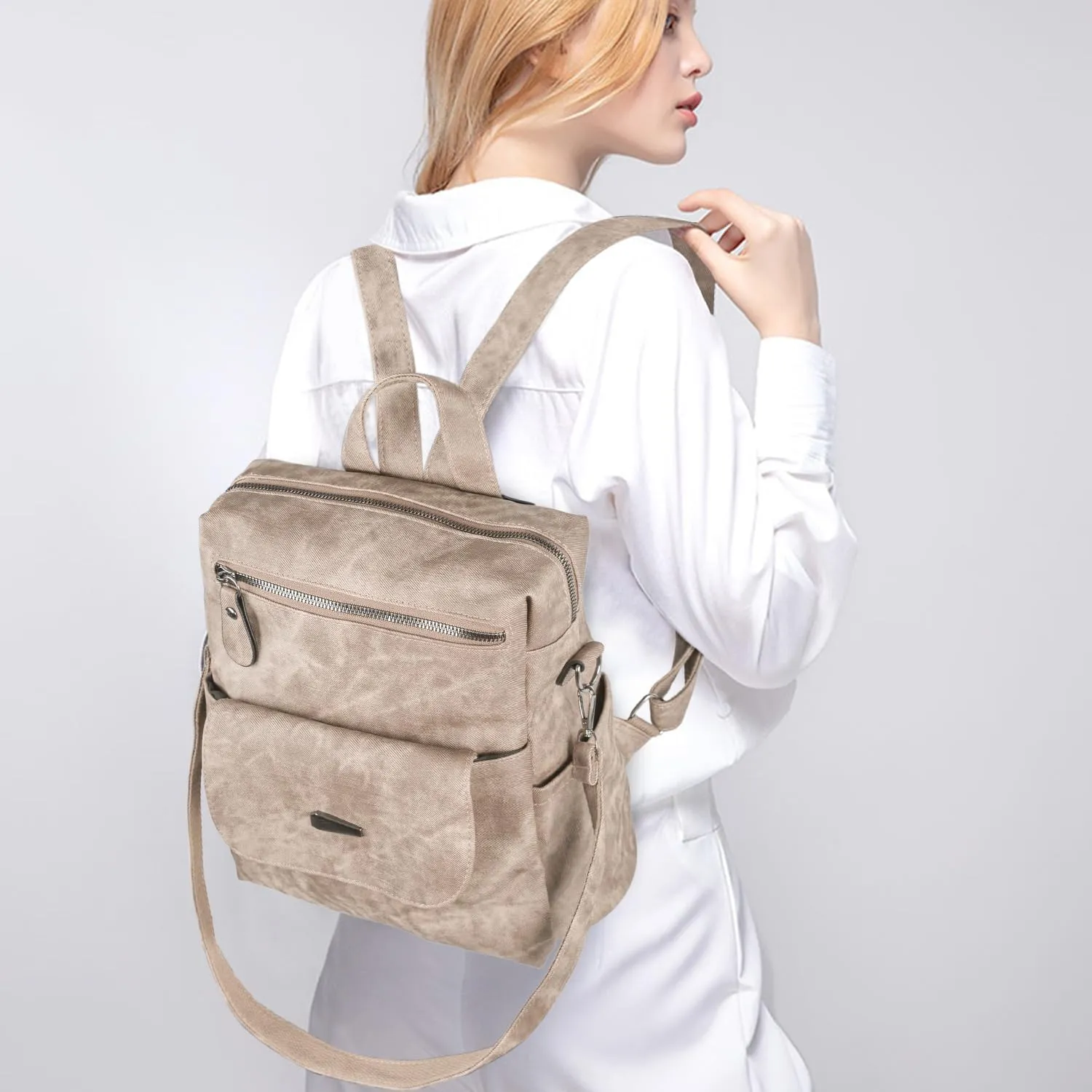 PU Leather Backpack Purse for Women Stylish Handbag Ladies Shoulder Bags Travel Backpack khaki