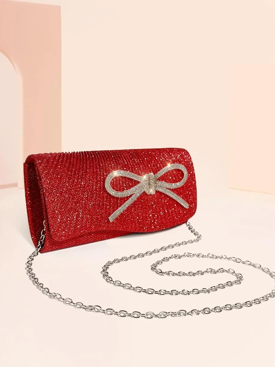 Rhinestone Bow Clutch Purses Women Chic Shiny Evening Handbag Evening Clutch Bag with Chain for Party Prom Wedding
