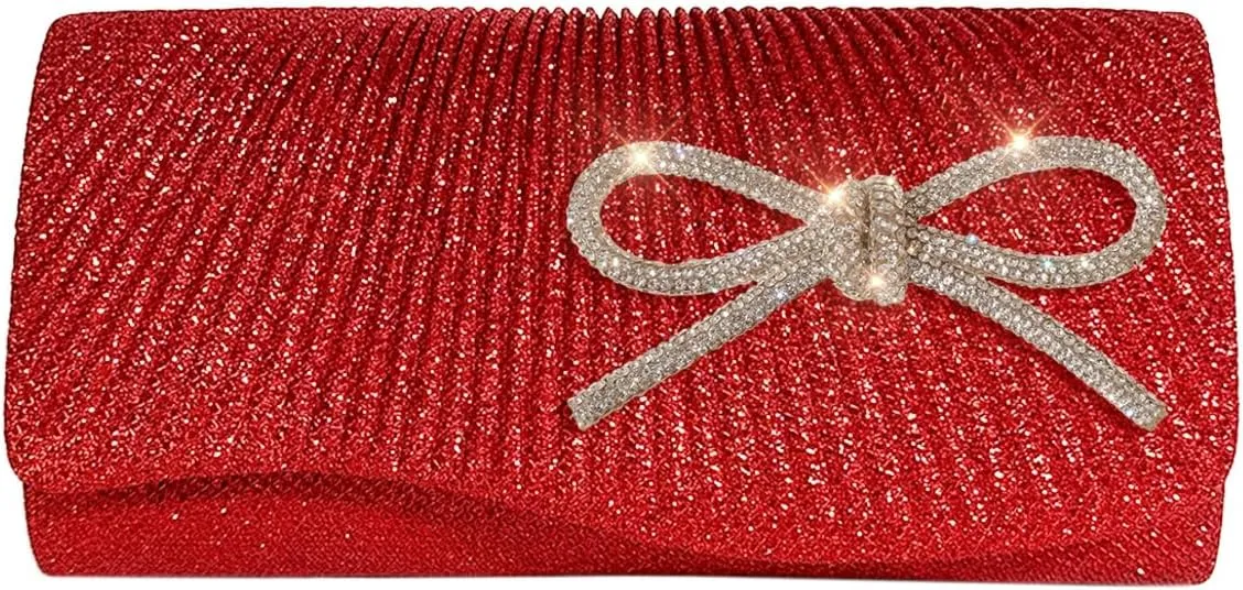Rhinestone Bow Clutch Purses Women Chic Shiny Evening Handbag Evening Clutch Bag with Chain for Party Prom Wedding