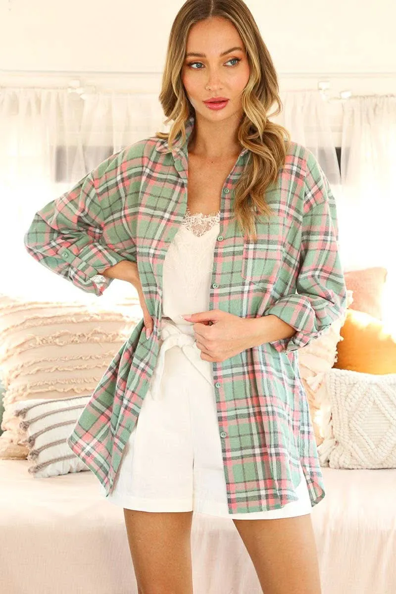 Roll-up Sleeve Plaid Drop Shoulder Oversized Shirt