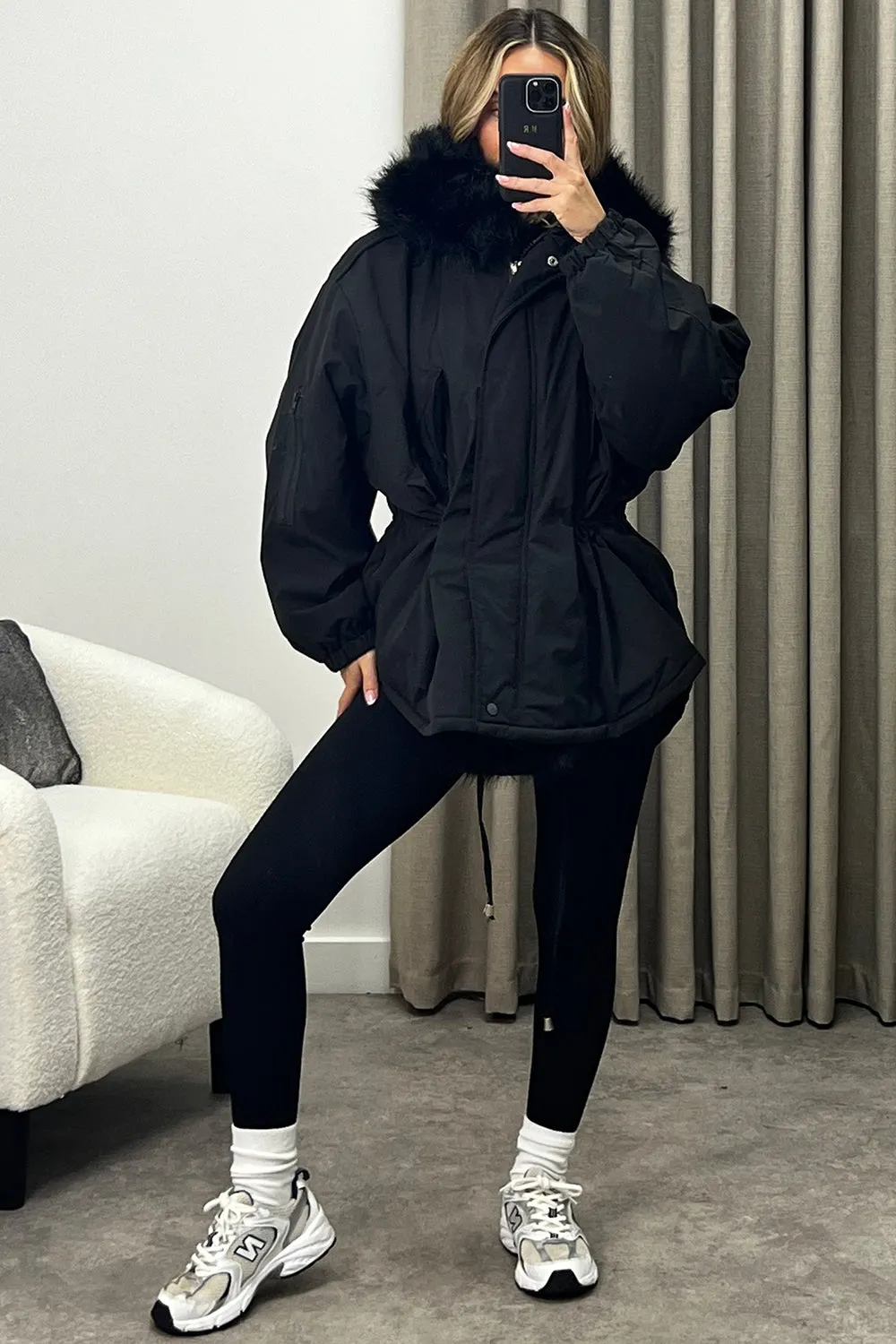 Rosie Black Faux Fur Trim Oversized Hooded Coat