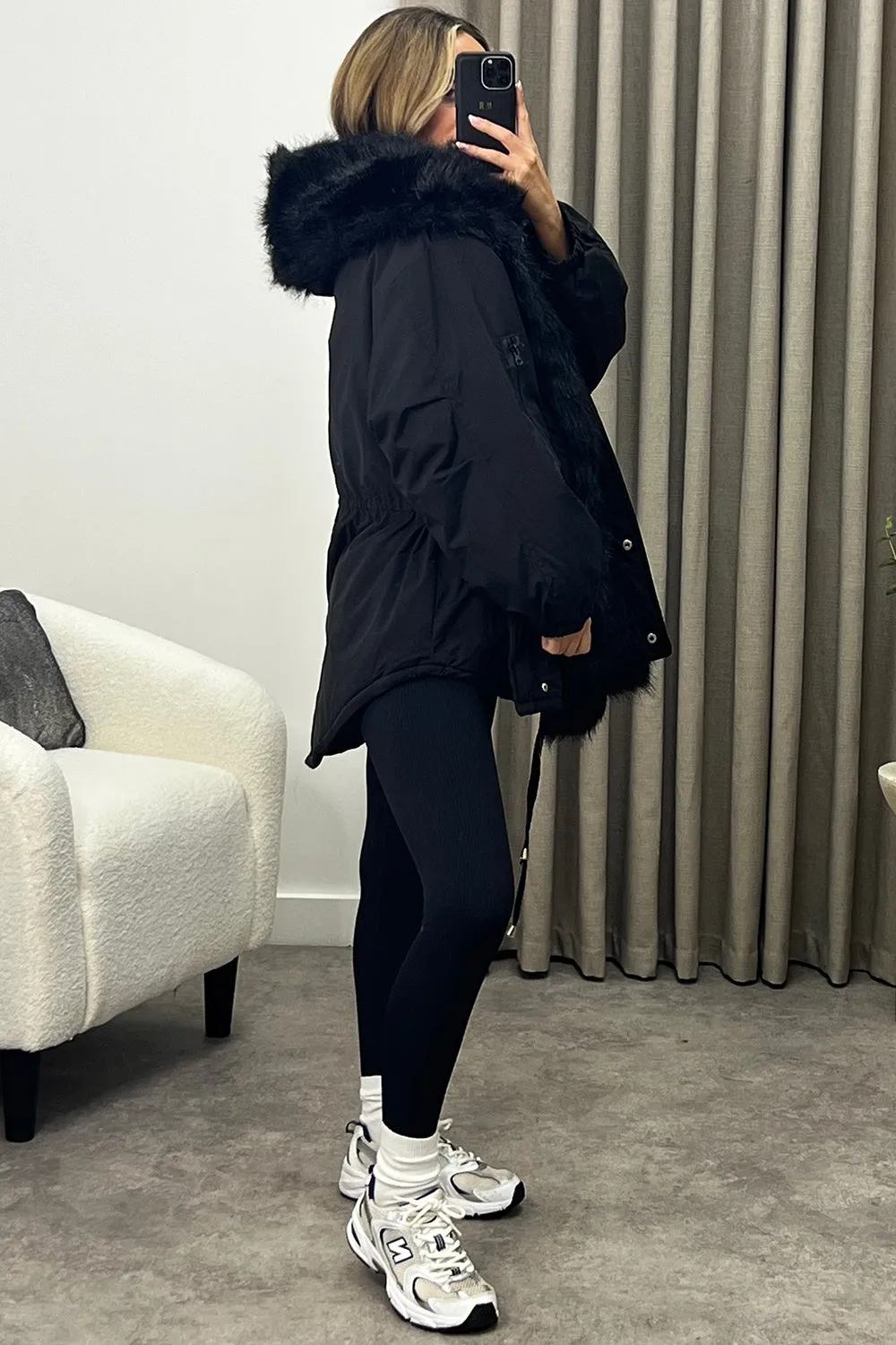 Rosie Black Faux Fur Trim Oversized Hooded Coat