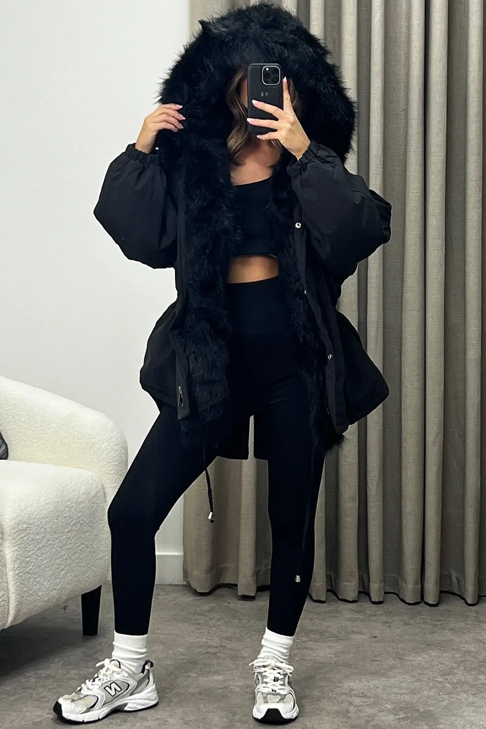 Rosie Black Faux Fur Trim Oversized Hooded Coat