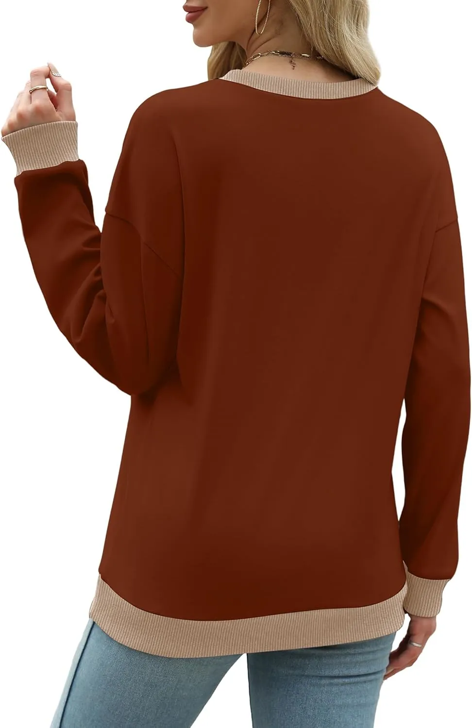 Saloogoe Sweatshirts for Women Crewneck Long Sleeve Loose Fit Tops Color Block Ribbed Trim Fashion 2024