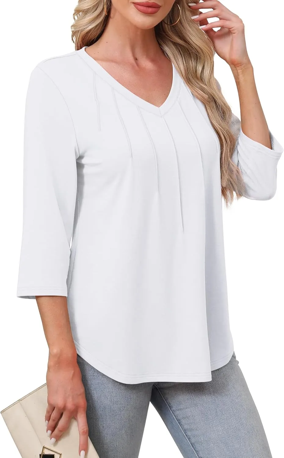 SAMPEEL 3/4 Length Sleeve Womens Tops Pleated V Neck Dressy Casual Blouses Summer Outfits Plus Size Spring Clothes