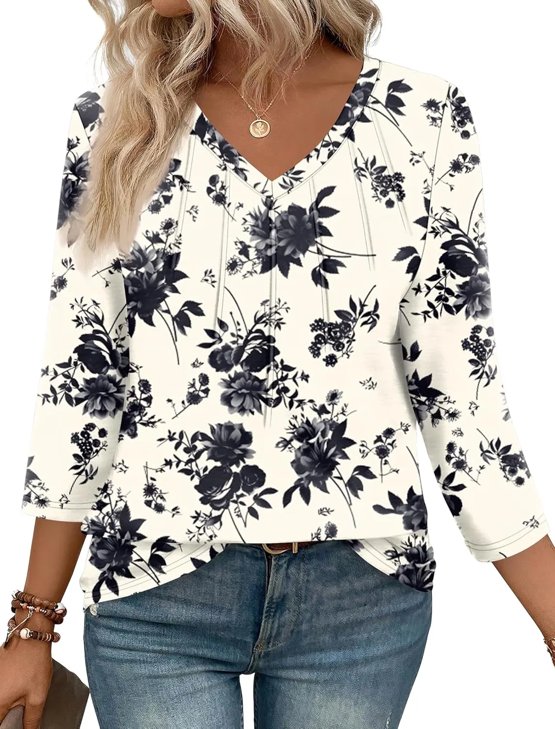 SAMPEEL 3/4 Length Sleeve Womens Tops Pleated V Neck Dressy Casual Blouses Summer Outfits Plus Size Spring Clothes