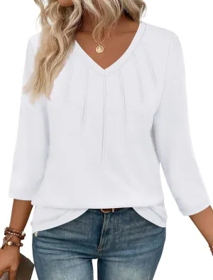 SAMPEEL 3/4 Length Sleeve Womens Tops Pleated V Neck Dressy Casual Blouses Summer Outfits Plus Size Spring Clothes