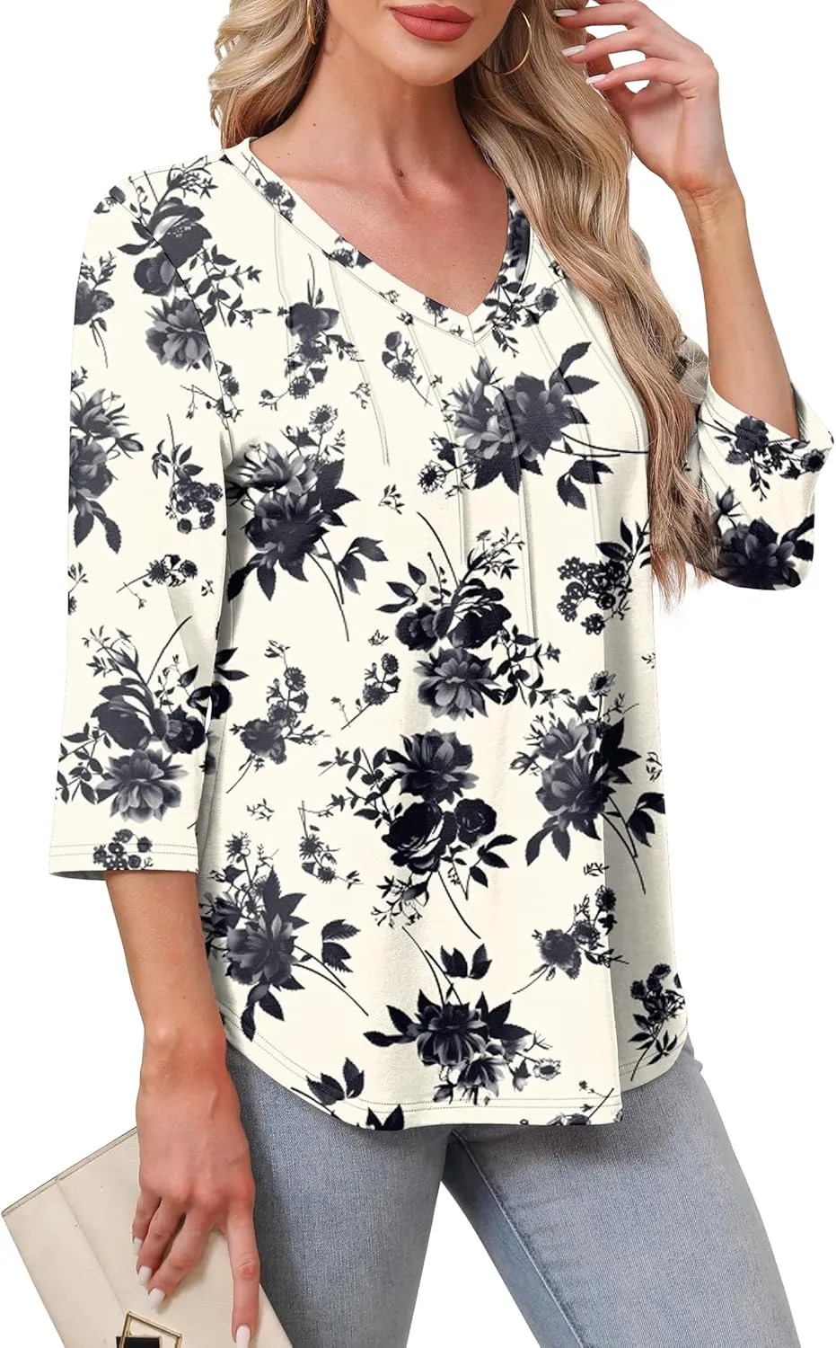SAMPEEL 3/4 Length Sleeve Womens Tops Pleated V Neck Dressy Casual Blouses Summer Outfits Plus Size Spring Clothes