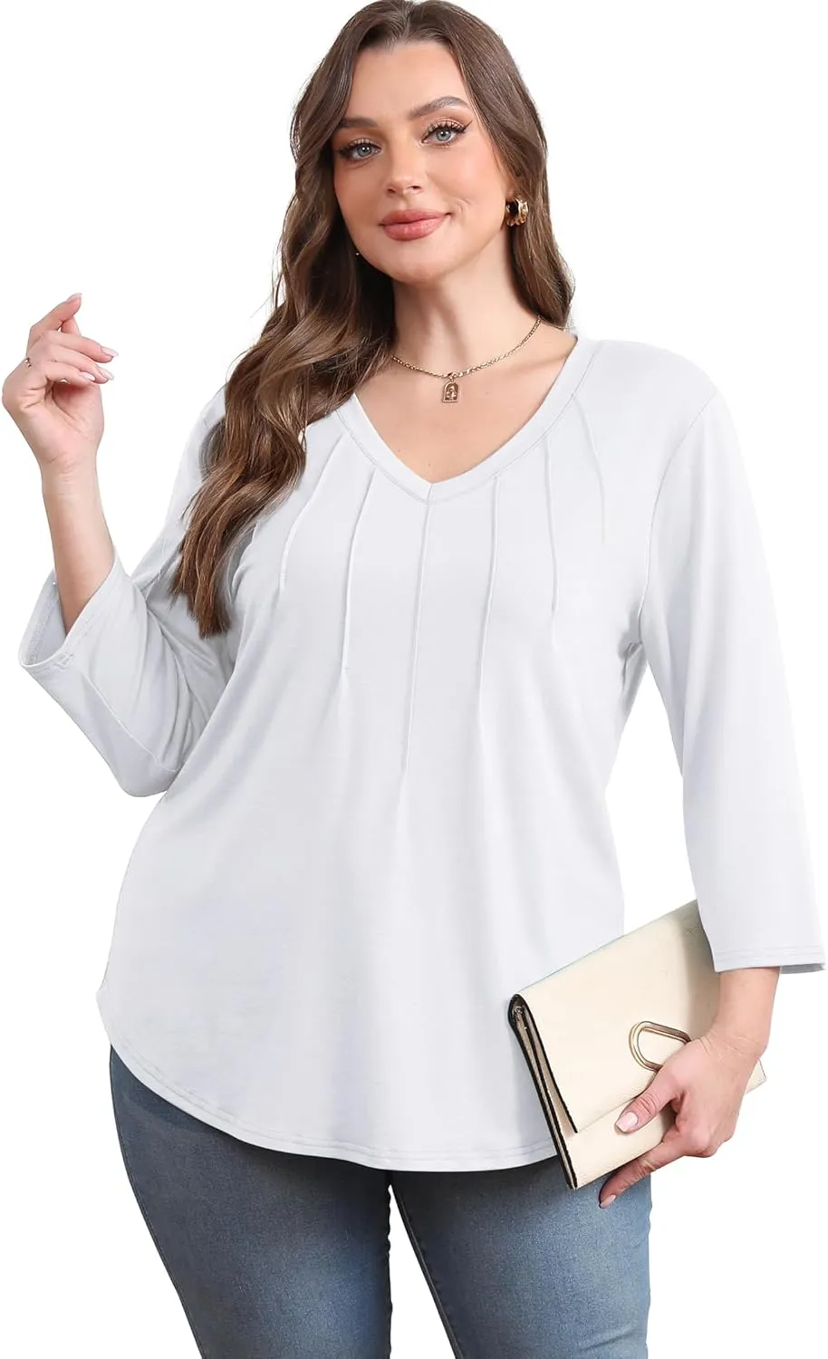 SAMPEEL 3/4 Length Sleeve Womens Tops Pleated V Neck Dressy Casual Blouses Summer Outfits Plus Size Spring Clothes