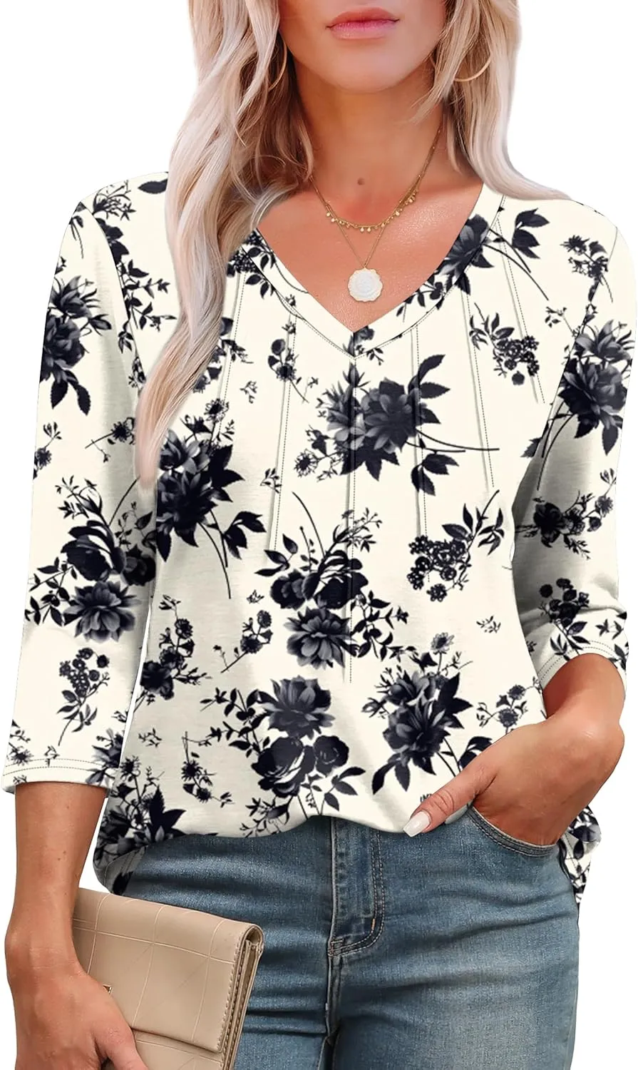 SAMPEEL 3/4 Length Sleeve Womens Tops Pleated V Neck Dressy Casual Blouses Summer Outfits Plus Size Spring Clothes