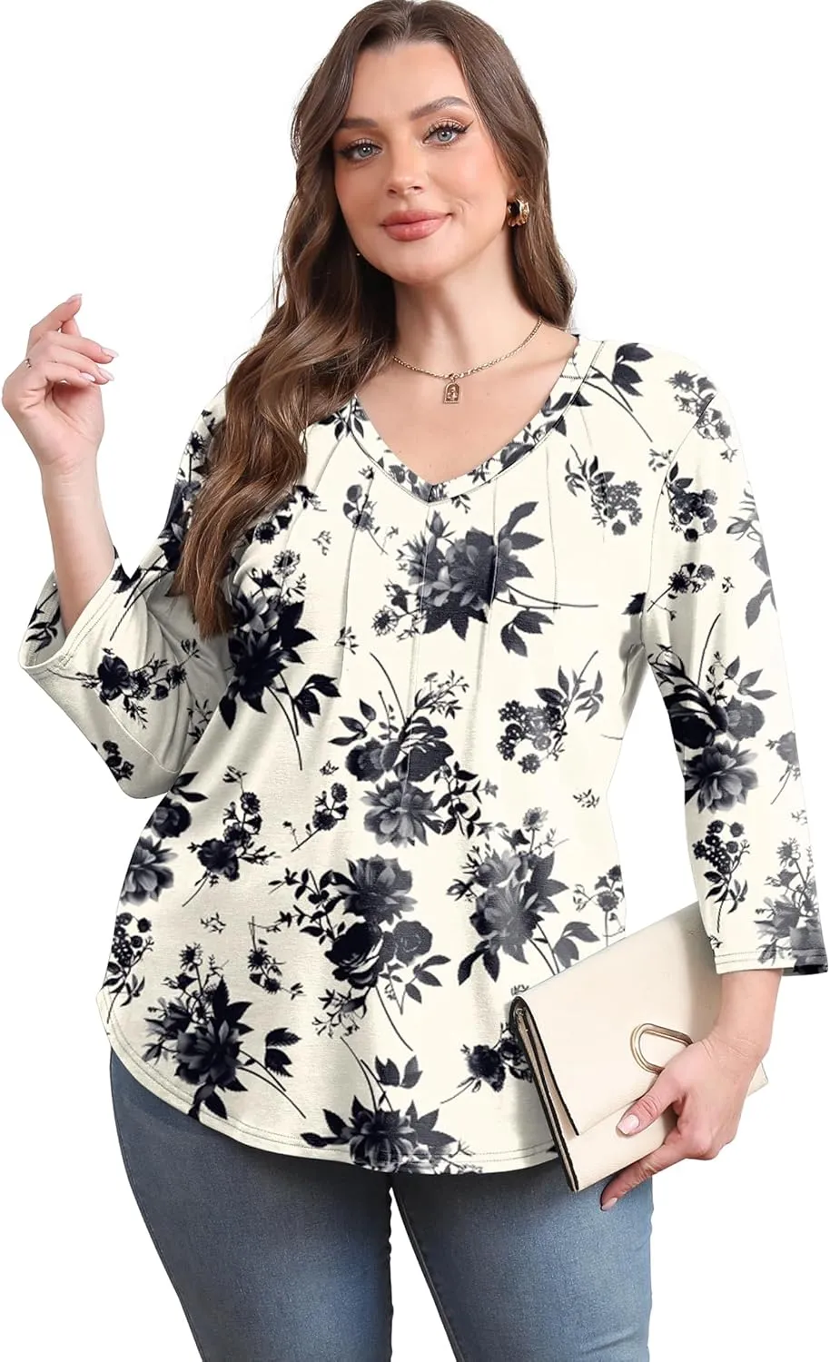 SAMPEEL 3/4 Length Sleeve Womens Tops Pleated V Neck Dressy Casual Blouses Summer Outfits Plus Size Spring Clothes