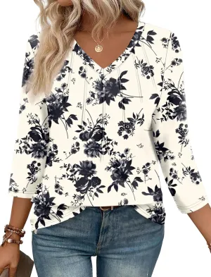 SAMPEEL 3/4 Length Sleeve Womens Tops Pleated V Neck Dressy Casual Blouses Summer Outfits Plus Size Spring Clothes