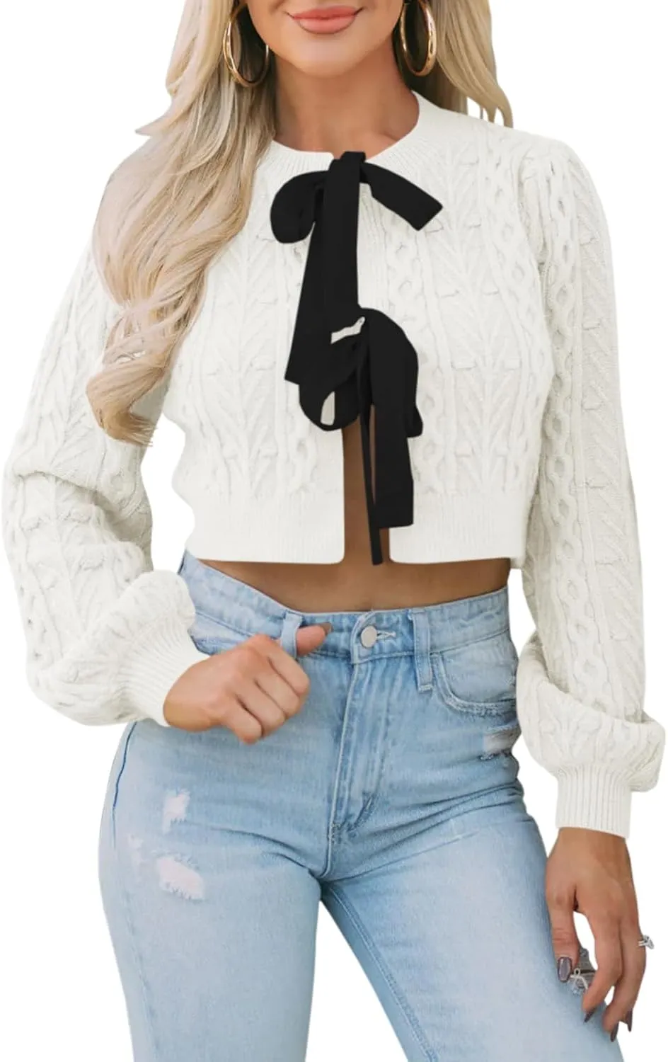 Saodimallsu Womens Cropped Cable Knit Cardigan Sweaters Long Sleeve Bow Tie Front Crew Neck Chunky Sweater Tops