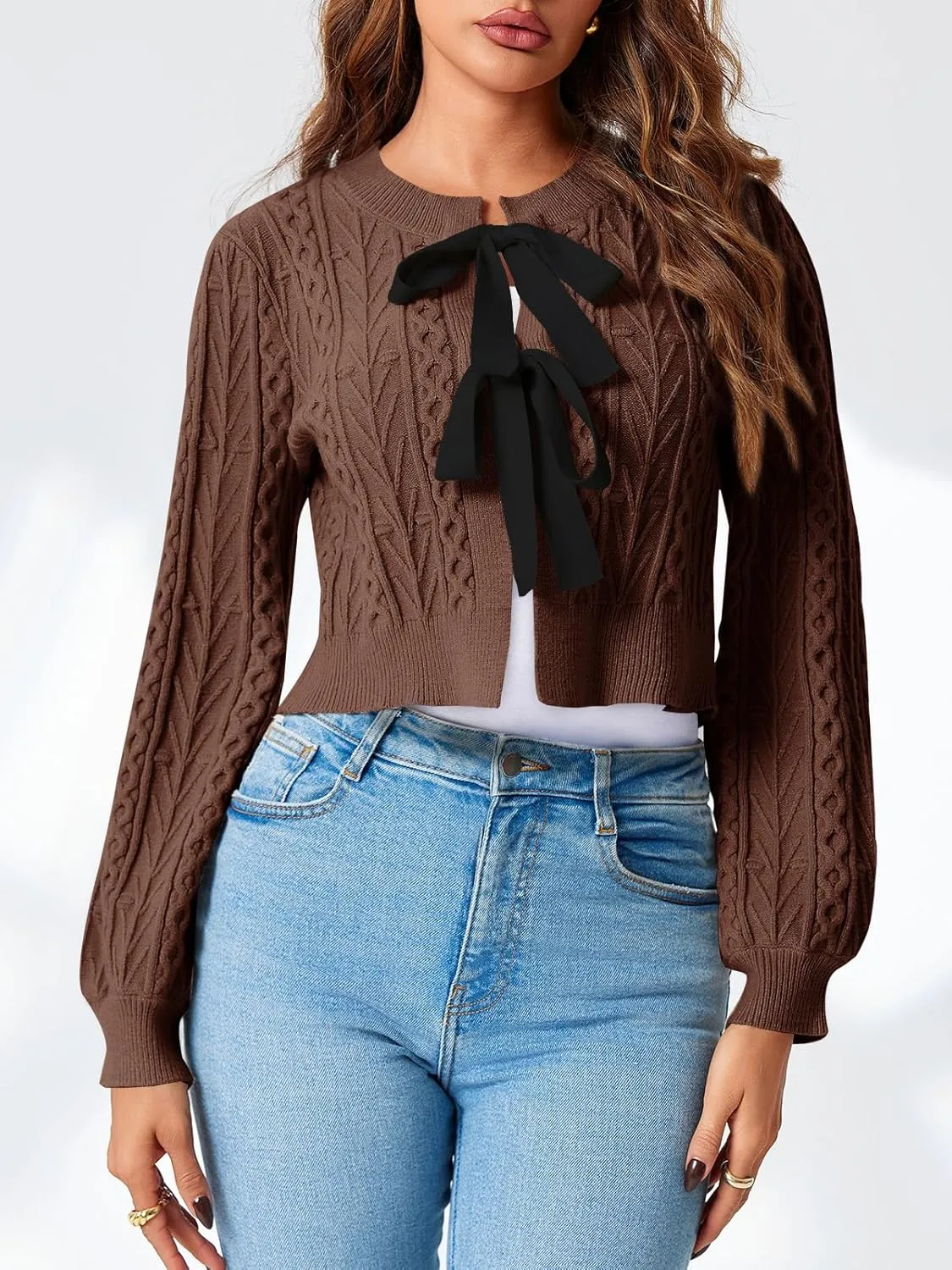 Saodimallsu Womens Cropped Cable Knit Cardigan Sweaters Long Sleeve Bow Tie Front Crew Neck Chunky Sweater Tops