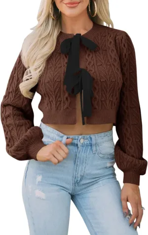 Saodimallsu Womens Cropped Cable Knit Cardigan Sweaters Long Sleeve Bow Tie Front Crew Neck Chunky Sweater Tops