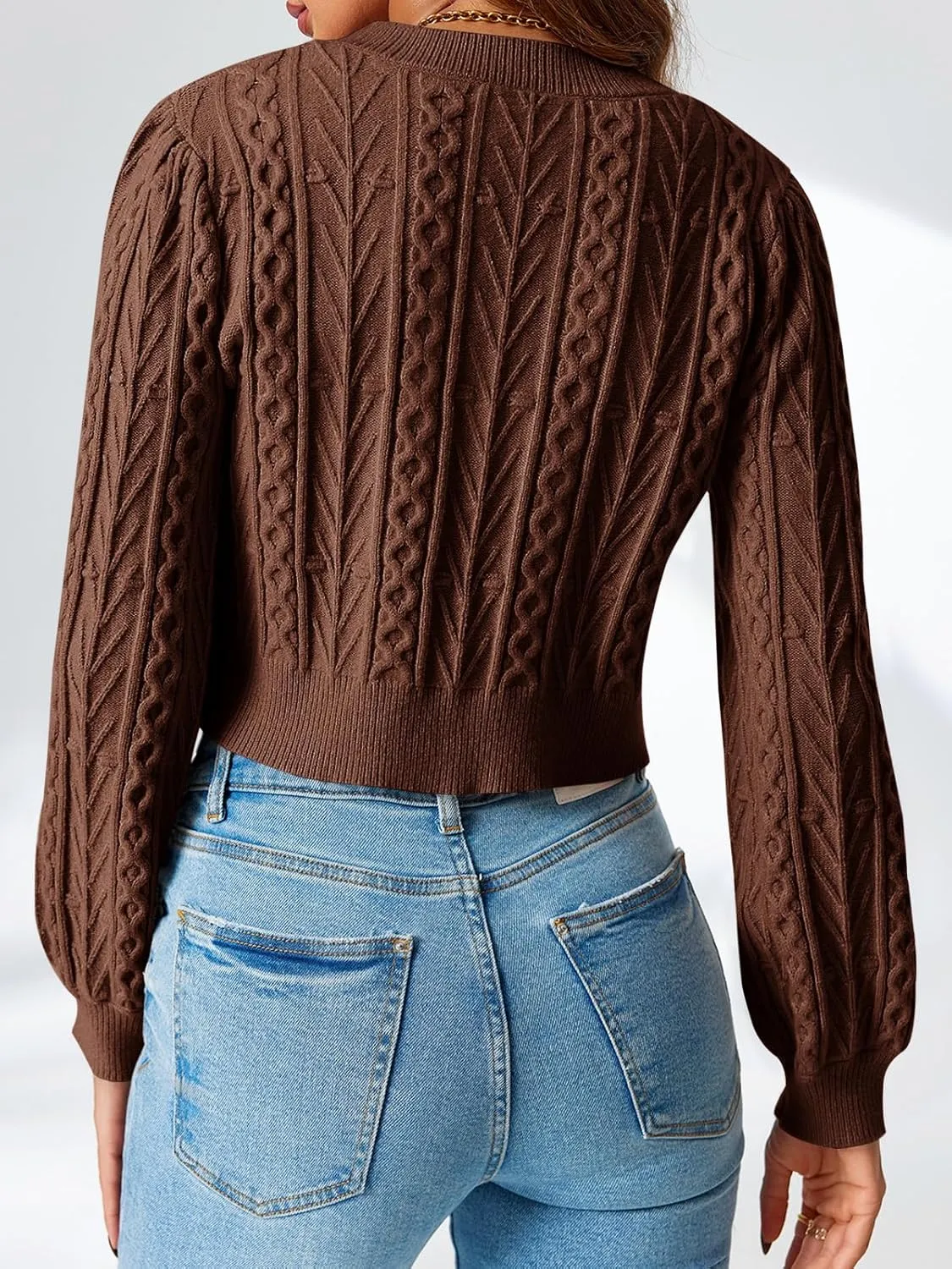 Saodimallsu Womens Cropped Cable Knit Cardigan Sweaters Long Sleeve Bow Tie Front Crew Neck Chunky Sweater Tops