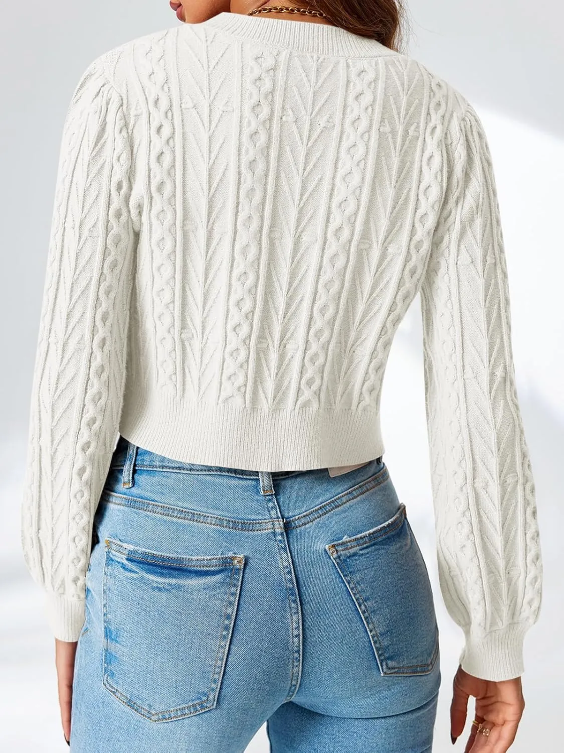 Saodimallsu Womens Cropped Cable Knit Cardigan Sweaters Long Sleeve Bow Tie Front Crew Neck Chunky Sweater Tops
