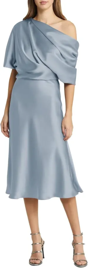 Satin Mother of The Bride Dresses for Wedding Formal One Shoulder A Line Cocktail Midi Dress for Women