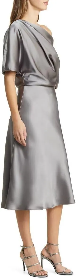 Satin Mother of The Bride Dresses for Wedding Formal One Shoulder A Line Cocktail Midi Dress for Women