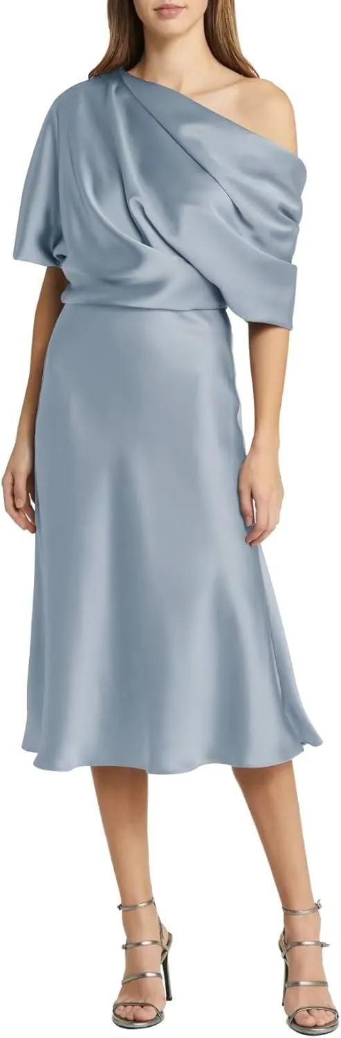 Satin Mother of The Bride Dresses for Wedding Formal One Shoulder A Line Cocktail Midi Dress for Women