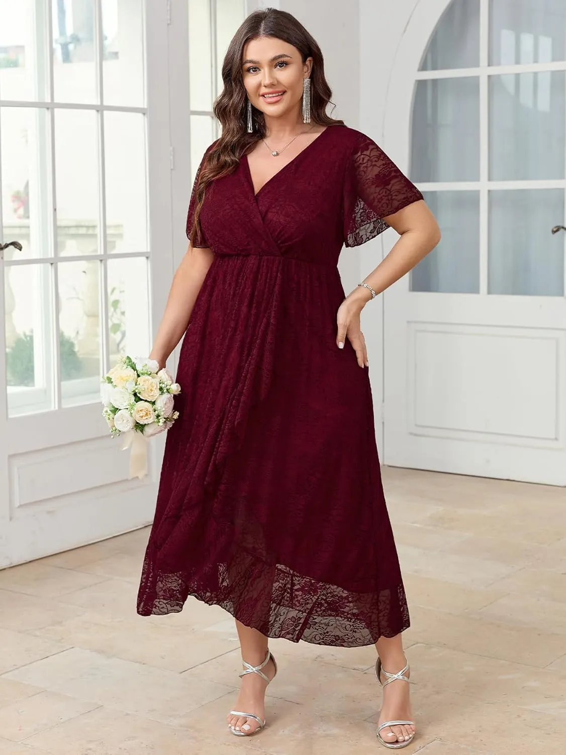 SCOMCHIC Womens Plus Size Wedding Guest Dress Formal Lace Faux Wrap V Neck High Low Short Sleeve Cocktail Maxi Dresses XL-4XL