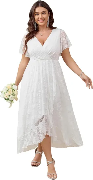 SCOMCHIC Womens Plus Size Wedding Guest Dress Formal Lace Faux Wrap V Neck High Low Short Sleeve Cocktail Maxi Dresses XL-4XL