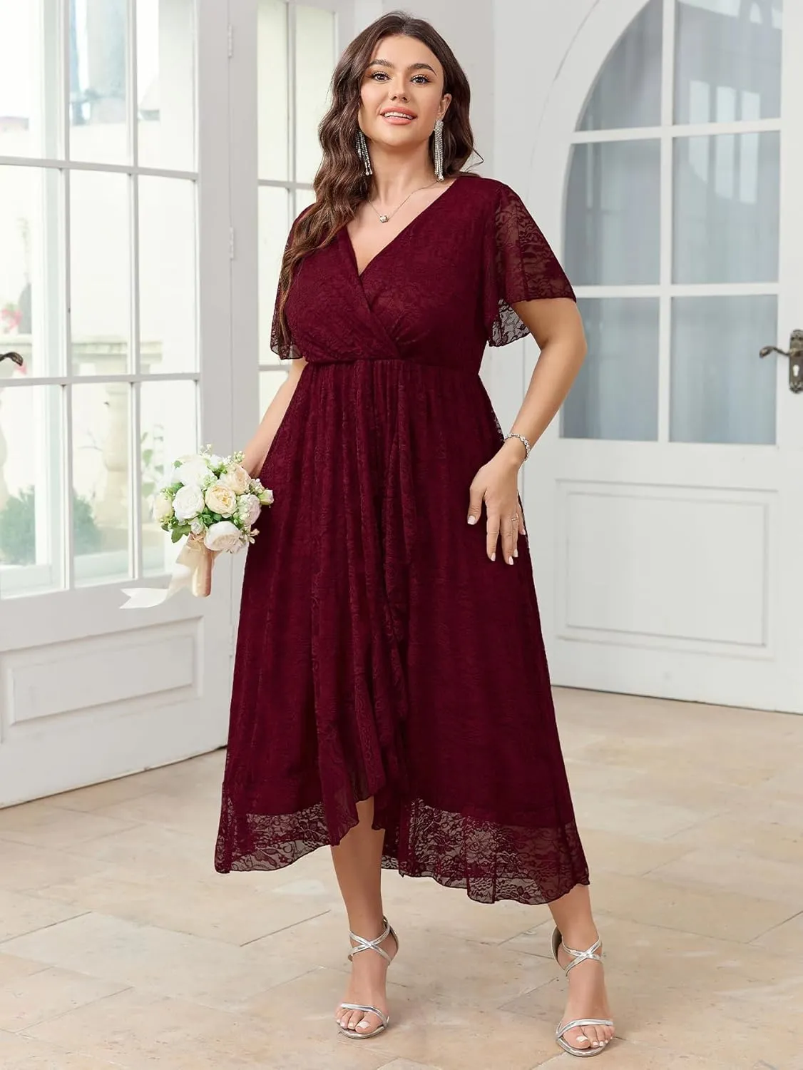 SCOMCHIC Womens Plus Size Wedding Guest Dress Formal Lace Faux Wrap V Neck High Low Short Sleeve Cocktail Maxi Dresses XL-4XL