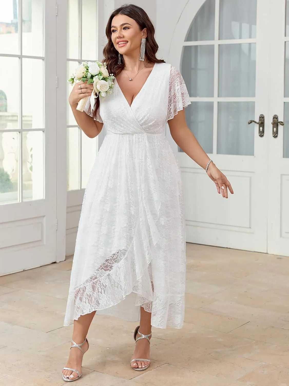 SCOMCHIC Womens Plus Size Wedding Guest Dress Formal Lace Faux Wrap V Neck High Low Short Sleeve Cocktail Maxi Dresses XL-4XL