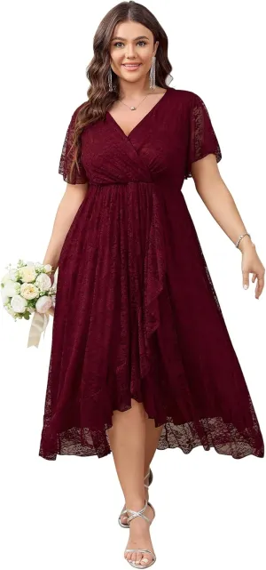 SCOMCHIC Womens Plus Size Wedding Guest Dress Formal Lace Faux Wrap V Neck High Low Short Sleeve Cocktail Maxi Dresses XL-4XL