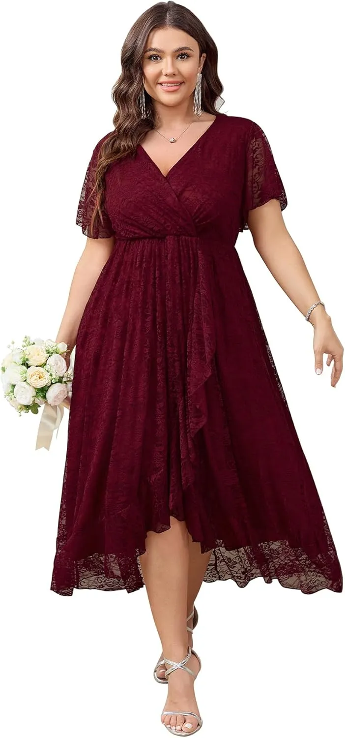 SCOMCHIC Womens Plus Size Wedding Guest Dress Formal Lace Faux Wrap V Neck High Low Short Sleeve Cocktail Maxi Dresses XL-4XL