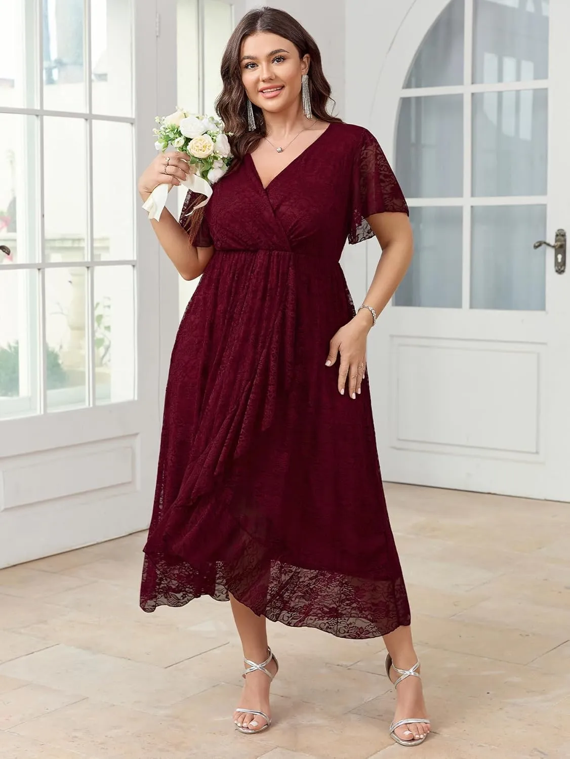 SCOMCHIC Womens Plus Size Wedding Guest Dress Formal Lace Faux Wrap V Neck High Low Short Sleeve Cocktail Maxi Dresses XL-4XL